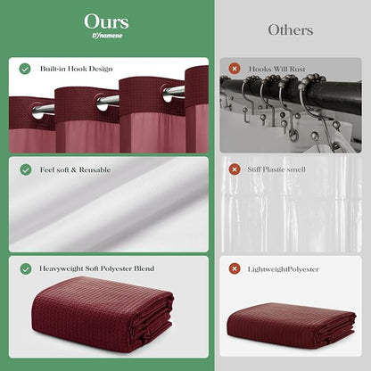 Burgundy Hook Free Waffle Shower Curtain & Snap Fabric Liner,72x87 | Less Time to install, 3 in 1 Fabric Shower Curtain and Liner Set with Magnets, Extra Long, Shower Curtains for Bathroom