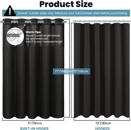 SORTTO No Hook Shower Curtain with Snap in Liner Set Waffle Shower Curtain for Bathroom Hotel Style Fabric Waterproof Inner Liner，71" W x 77" H, Black