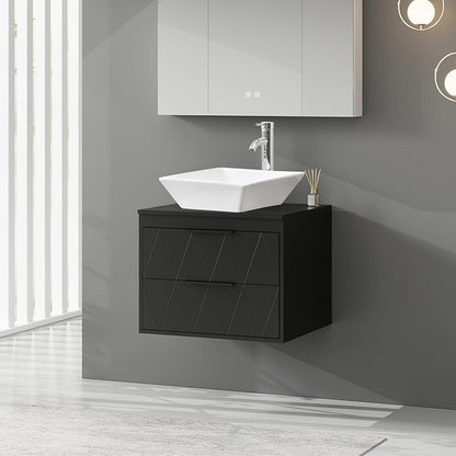 eclife 24" Floating Bathroom Vanities with Sink Combo, Wall Mounted Modern Cabinet W/Diamond Line Pattern Design, White Square Ceramic Vessel Sink W/Water Save Faucet & Pop Up Drain, Black