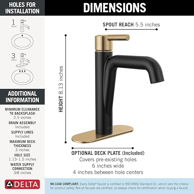 Delta Nicoli Matte Black/ Brushed Gold Bathroom Faucet 1 Hole, Single Hole Bathroom Sink Faucet for Vanity, Push-Pop Drain Assembly, Matte Black/ Champagne Bronze 15849LF-GZ