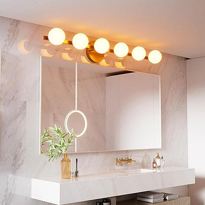 Lightdot 6 Light Bathroom Vanity Light, 38" Modern Gold Vanity Lights with Globe Water/Shatterproof PC Lampshade, Rust-Proof Bathroom Light Fixtures Over Mirror for Kitchen Hallway Cabinet Porch