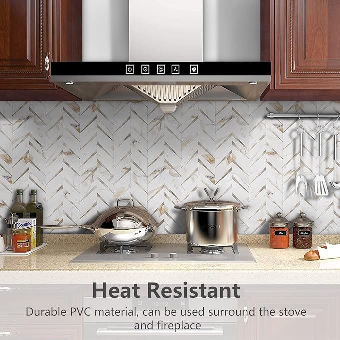 STICKGOO Herringbone Tile Peel and Stick Backsplash for Kitchen&Bathroom | 10-Sheet Self Adhesive Wall Tiles, Calacatta Marble Mixed Light Gold PVC Stick on Backsplash Tile for Kitchen,Bathroom