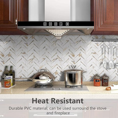 STICKGOO Herringbone Tile Peel and Stick Backsplash for Kitchen&Bathroom | 10-Sheet Self Adhesive Wall Tiles, Calacatta Marble Mixed Light Gold PVC Stick on Backsplash Tile for Kitchen,Bathroom
