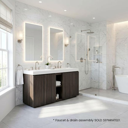 60" Double Bathroom Vanity with Sink (8" Widespread Faucet Holes Predrilled), Mid Century Modern Bathroom Cabinet with 4 Doors & Shelves, White Integrated Sink with Overflow, Dark Oak