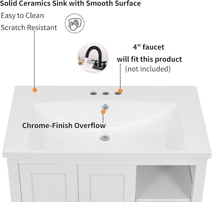 30" Ceramic Bathroom Sink, Vanity Top Only, Vessel Single-sink with Overflow and 3 Holes, Rectanglar