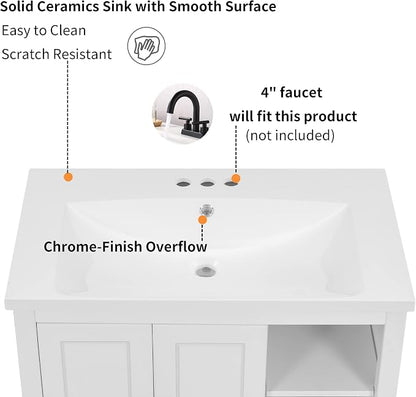 30" Ceramic Bathroom Sink, Vanity Top Only, Vessel Single-sink with Overflow and 3 Holes, Rectanglar