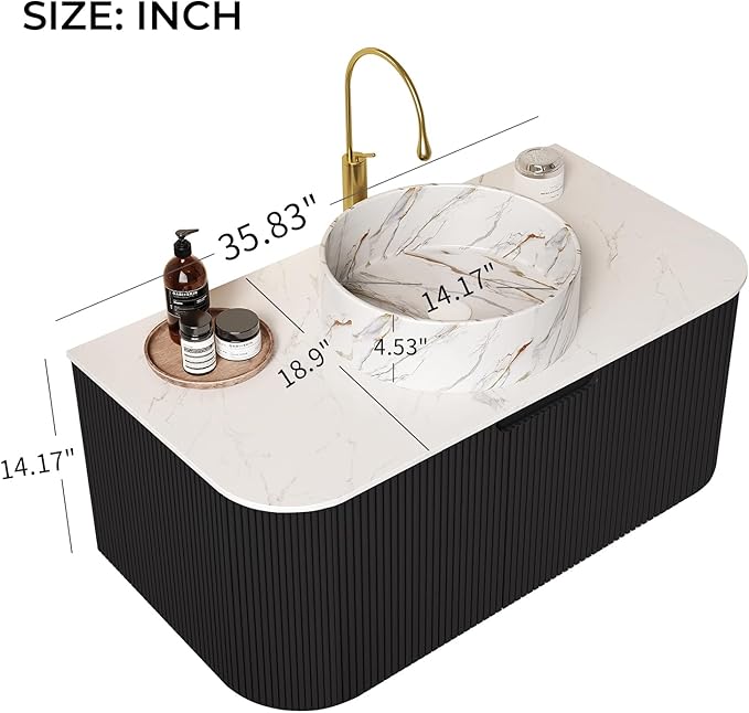 LKTART 36 Inch Floating Bathroom Vanity with Sink, Modern Wall Mounted Bathroom Storage Cabinet with Drawer, Stone Pattern Round White Ceramic Sink Top and Marble Texture Top, Black