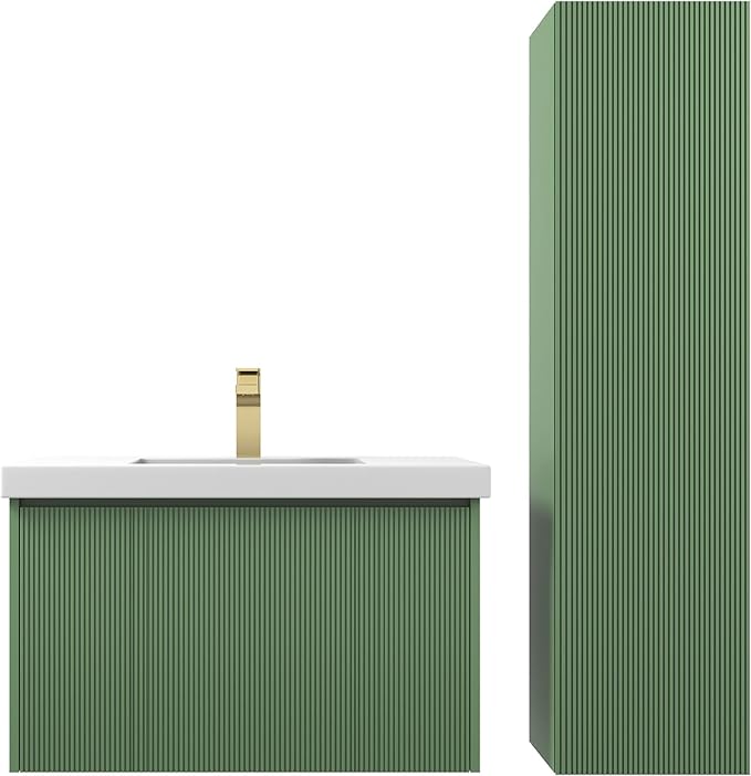 Blossom 30 Inch Bathroom Vanity with Sink and Side Cabinet, All Wood Floating Bathroom Vanity with Acrylic Sink, Bathroom Sink Cabinet with Soft-Close Drawer, Modern Style Vanities, Aventurine Green