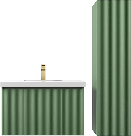 Blossom 30 Inch Bathroom Vanity with Sink and Side Cabinet, All Wood Floating Bathroom Vanity with Acrylic Sink, Bathroom Sink Cabinet with Soft-Close Drawer, Modern Style Vanities, Aventurine Green
