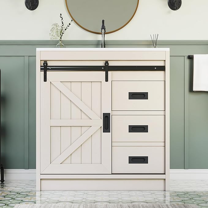 31" Farmhouse Sliding Barn Door Bathroom Vanity with Sink Combo, Bathroom Vanity Cabinet with Drawers & Metal Handles, Freestanding, Distressed White
