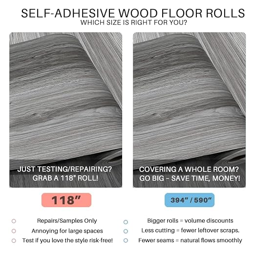Woodgrain Vinyl Floor Roll, 11.8" x 118", Quick‑Apply Peel & Stick | Non‑slip texture, Good for renters and DIY users, Soft wood‑look finish, Works on many surfaces, Easy to cut, Waterproof