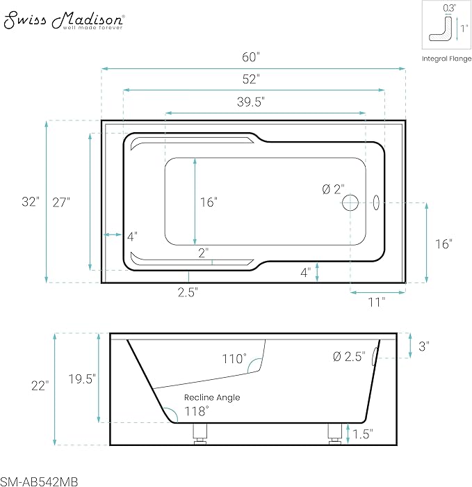 Voltaire 60" x 32" Right-Hand Drain Alcove Bathtub with Apron in Matte Black