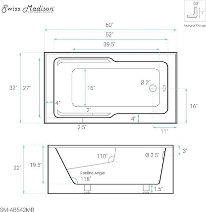 Voltaire 60" x 32" Right-Hand Drain Alcove Bathtub with Apron in Matte Black