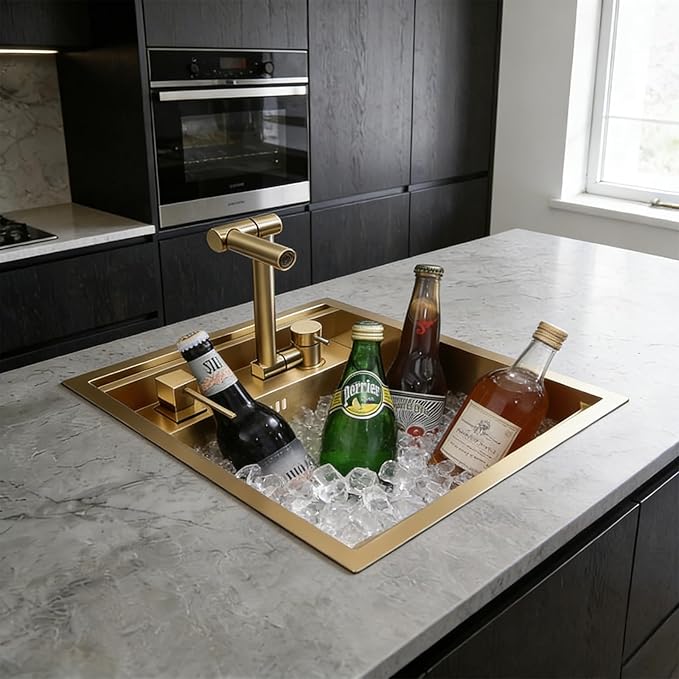 Gold Bar Sink, 17.32×14.17×7.87 Inch Small Portable Utility Single Bowl Outdoor Camper RV Kitchen Sink with Foldable Faucet and Cover Plate
