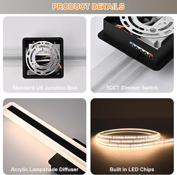 31.6 Inch LED Vanity Light for Bathroom Lighting Fixture Over Mirror, 36W 5CCT Dimmable Black Vanity Lighting Fixtures Modern LED Wall Sconces for Bathroom Bedroom, TRIAC Compatible