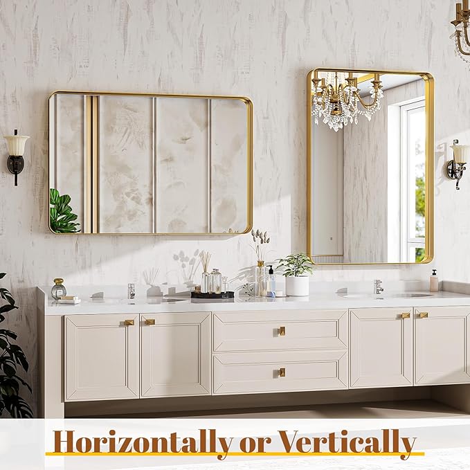 Bathroom Mirrors for Over Sink 24 x 32 Inch Rounded Rectangle Bathroom Vanity Mirror Bathroom Mirror for Wall Hangs Horizontally or Vertically for Living Room Bedroom Entryway Gold