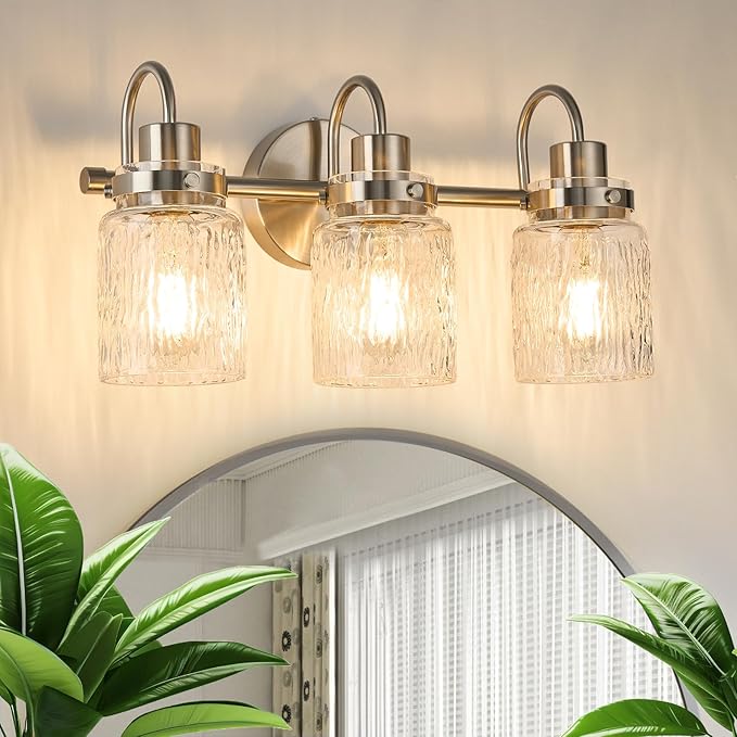 3 Lights Bathroom Vanity Light, Brushed Nickel Bathroom Light Fixtures with Hammered Glass Lampshade for Dressing Table,Over Mirror,Hallway