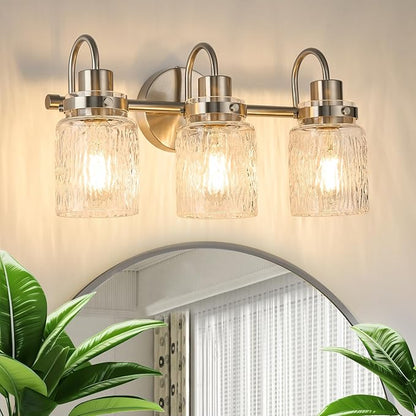 3 Lights Bathroom Vanity Light, Brushed Nickel Bathroom Light Fixtures with Hammered Glass Lampshade for Dressing Table,Over Mirror,Hallway