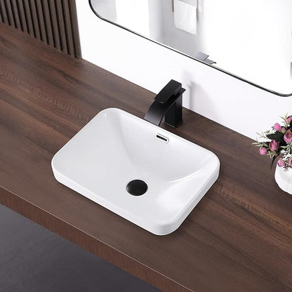 Bathroom Vessel Sink 18.2'' x 13.3'' Semi Recessed Bathroom Sink Rectangular Drop-in Vanity Sink with Overflow White Ceramic Modern Art Basin