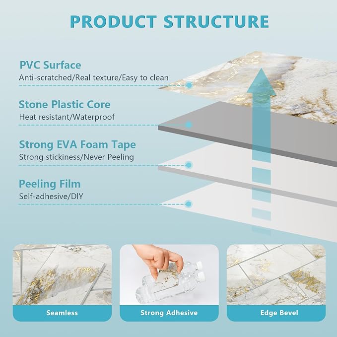 Vamos Tile 4-Piece Glossy Pandora Marble Peel and Stick Backsplash Tile | 3''x6'' Glossy Gold Veining PVC Subway Tile with White Grout,Stick on Backsplash for Kitchen/Bathroom/Laundry/Camper