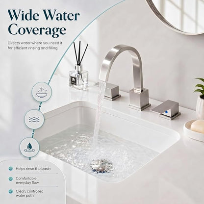 Widespread Brushed Nickel Bathroom Faucets, Waterfall Nickel Stainless Steel Bathroom Faucet for Sink 3 Hole, Vanity Lavatory Faucets with Drain & Water Hoses, 8 Inch, Lead-Free, 360° Swivel