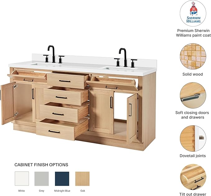 DKB Isabella 72-Inch Oak Double Bathroom Vanity with Rectangle Sinks, 1.5" Pure White Quartz Countertop & 4" Backsplash, 4 Soft Closing Doors, 6 Full Extension Dovetail Drawers, Matte Black Hardware