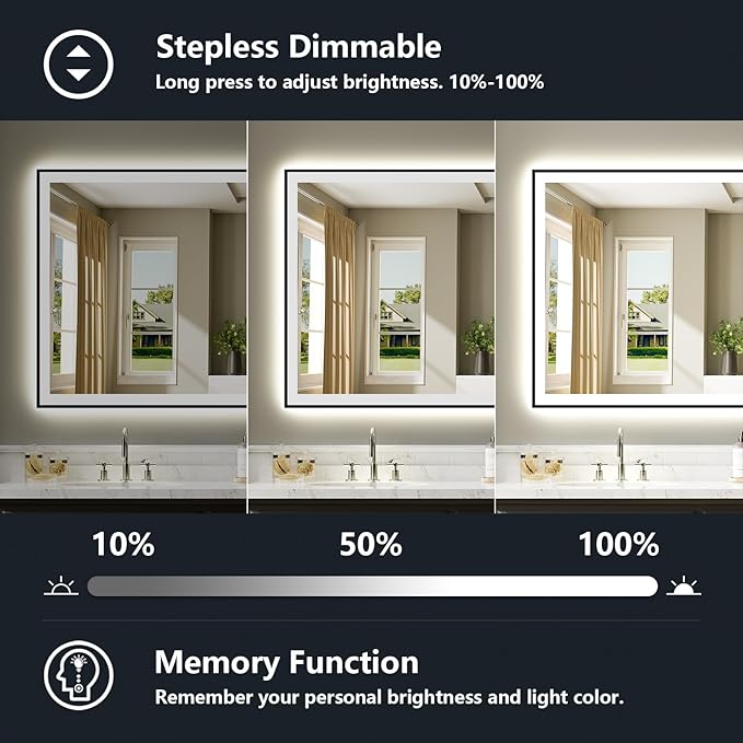 60x36 LED Bathroom Mirror with Lights, Black Framed Lighted Mirror | Backlit and Front Light, Anti-Fog, 3 Color Dimmable, Memory, Tempered Glass, IP54 Waterproof, UL Listed