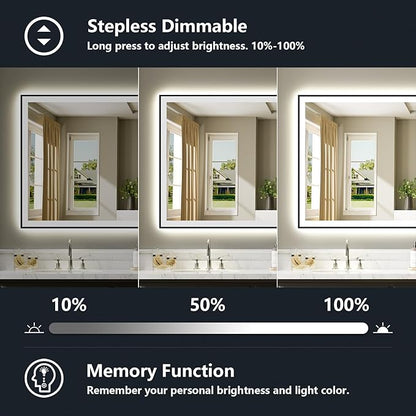60x36 LED Bathroom Mirror with Lights, Black Framed Lighted Mirror | Backlit and Front Light, Anti-Fog, 3 Color Dimmable, Memory, Tempered Glass, IP54 Waterproof, UL Listed