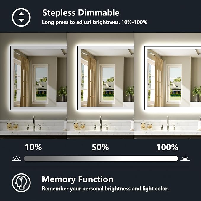 60x38 LED Bathroom Mirror with Lights, Black Framed Lighted Mirror | Backlit and Front Light, Anti-Fog, 3 Color Dimmable, Memory, Tempered Glass, IP54 Waterproof, UL Listed