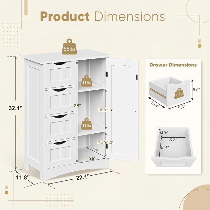 SUPER DEAL Bathroom Storage Cabinet with 4 Drawers and 1 Cupboard, Entryway Home Decor Furniture Towels Storage Organizer Unit, White