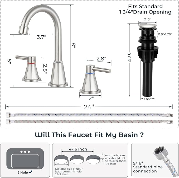 Bathroom Faucets for Sink 3 Hole 8 Inch Widespread 2 Handle Bathroom Faucet with Pop-up Drain and 360° Swivel Spout,Brushed Nickel