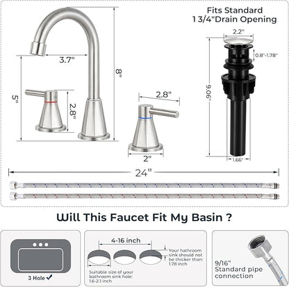 Bathroom Faucets for Sink 3 Hole 8 Inch Widespread 2 Handle Bathroom Faucet with Pop-up Drain and 360° Swivel Spout,Brushed Nickel