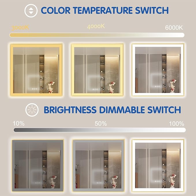 36x36 Inch LED Mirror for Bathroom with Gold Frame | Gold Metal Frame, Front and Backlit, 3 Colors, Dimmable, Memory, Anti Fog, Tempered Glass, Lighted Mirror for Wall