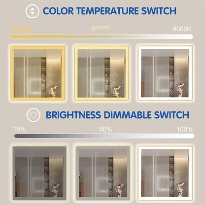 36x36 Inch LED Mirror for Bathroom with Gold Frame | Gold Metal Frame, Front and Backlit, 3 Colors, Dimmable, Memory, Anti Fog, Tempered Glass, Lighted Mirror for Wall