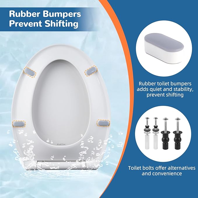 Elongated Toilet Seat Soft Close with Cover, Oval Toilet Seat Replacement with Non-Slip Toilet Bolts and Bumpers, Compatible with Kohler, American Standard, TOTO, One-Click Release, White