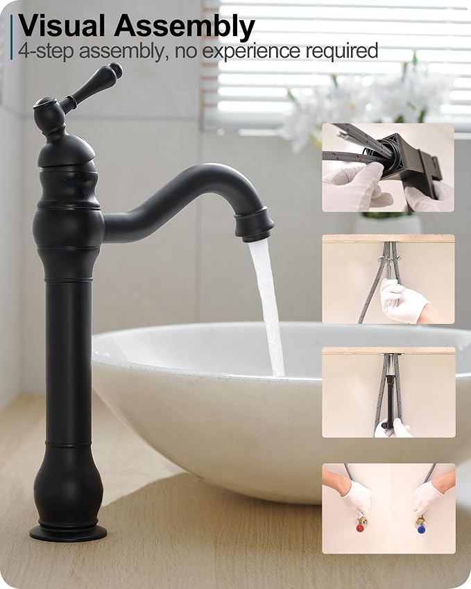 Matte Black Bathroom Faucet, Brass Tall Bathroom Sink Faucet Single Handle, 360 Degree Swivel Vessel Faucet, Bathroom Faucets One Hole with Aerator & Supply Hoses for Shopping Malls Saving Water