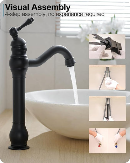 Matte Black Bathroom Faucet, Brass Tall Bathroom Sink Faucet Single Handle, 360 Degree Swivel Vessel Faucet, Bathroom Faucets One Hole with Aerator & Supply Hoses for Shopping Malls Saving Water