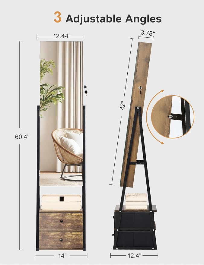 Nicetree Mirror Jewelry Cabinet, Lockable Full Length Mirror, 2 Drawers | Standing Jewelry Armoire with Mirror, Mirror with Jewelry Storage, Adjustable Angles, Easy Assembly, Gift Idea, Rustic Brown