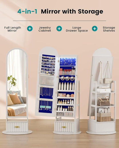 Vlsrka Arched LED Mirror Jewelry Cabinet with Full Length Mirror, White | Lockable Jewelry Armoire Cabinet, 360° Swivel Jewelry Organizer with Drawer Storage, Foldable Makeup Shelf, 2 Rear Hooks