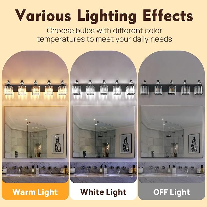 Modern Bathroom Vanity Light, 5-Light Black Bathroom Lighting Fixtures Over Mirror, 36.3" Crystal Wall Light Sconce for Bathroom/Bedroom/Vanity, Includes LED Bulbs, Easy Installation