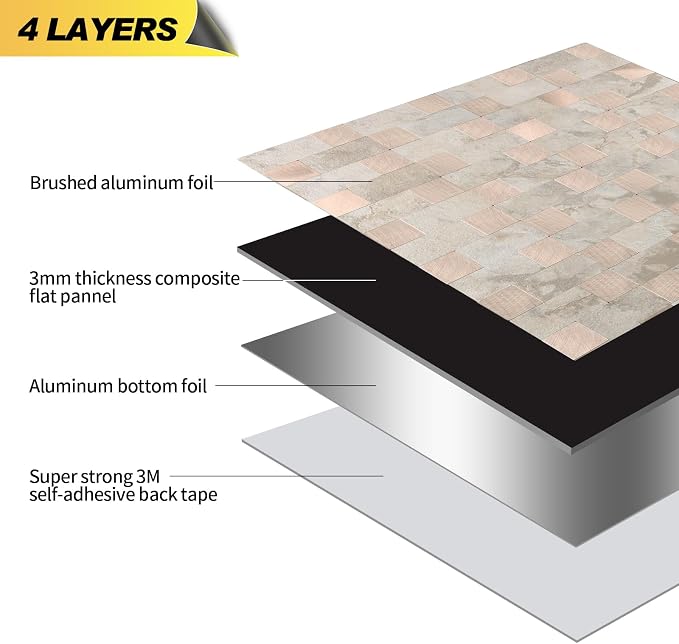 Yipscazo Peel and Stick Backsplash Tile, Stick on Stainless Steel Look Backsplash Metal Tiles for Kitchen Walls in Beige Stone Mixed Metal (12''x12'',10 Sheets)