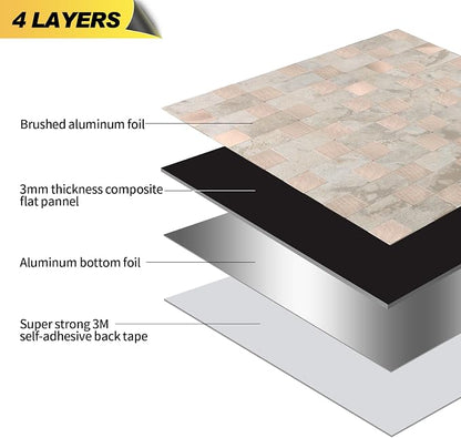 Yipscazo Peel and Stick Backsplash Tile, Stick on Stainless Steel Look Backsplash Metal Tiles for Kitchen Walls in Beige Stone Mixed Metal (12''x12'',10 Sheets)