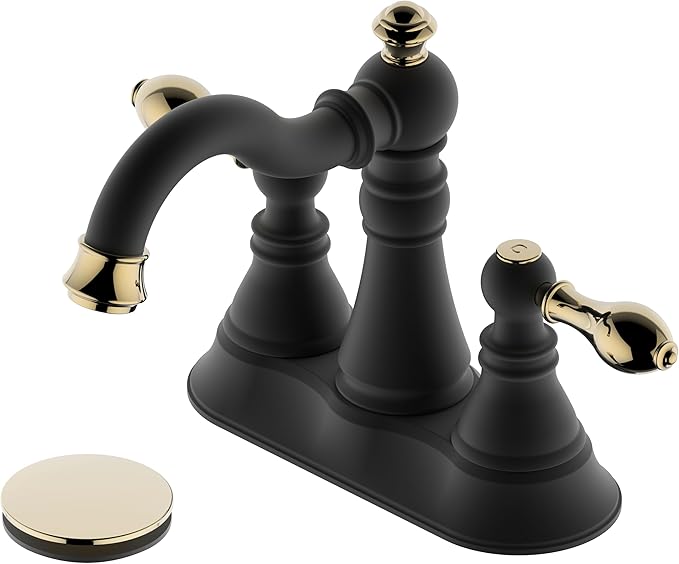 Two Handle Bathroom Faucet,Matte Black with Polished Brass Trim Bathroom Sink Faucet 3 Hole with Overflow Pop up Drain,4 Inch Centerset with 360° Swivel Spout,F-0048-MG
