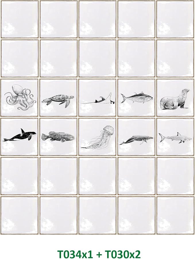 Alwayspon Vinyl Sticker Peel and Stick, Self-Adhesive Wall Tile Transfers Backsplash Sticker Decal for Kitchen Bathroom, 6x6inch/15x15cm 30Pcs, Marine Lives T034