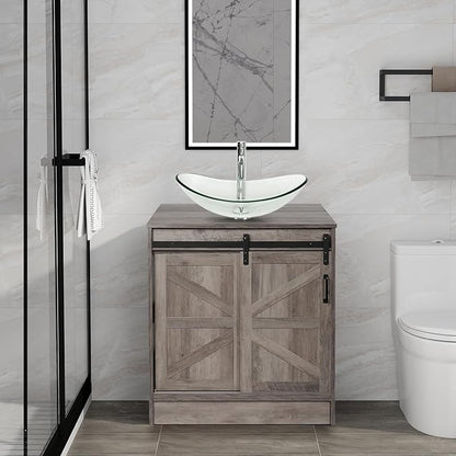30" Barn Door Bathroom Vanity, Farmhouse Style Standing Pedestal Cabinet with Clear Boat Glass Vessel Sink