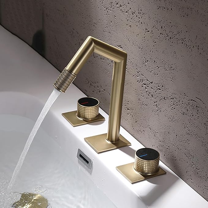 3 Hole Bathroom Sink Faucets Double Handle Hot and Cold Water Brass 3 Hole Bathroom Faucets-Brushed Gold