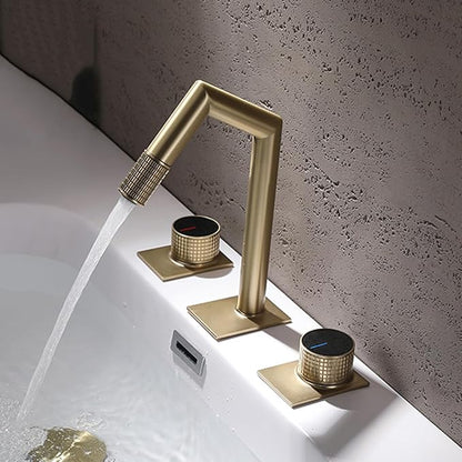 3 Hole Bathroom Sink Faucets Double Handle Hot and Cold Water Brass 3 Hole Bathroom Faucets-Brushed Gold