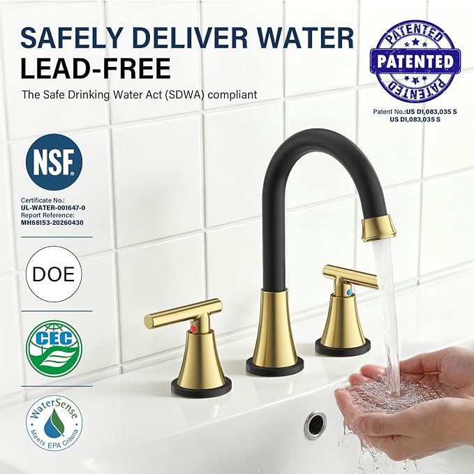 Bathroom Faucet 3 Hole, Black& Gold Faucets with Drain and Supply Lines | Hurran Stainless Steel Lead-Free Widespread Bathroom Sink Faucet for Vanity RV Restroom Laundry Outdoor Utility Sink