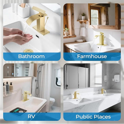 Brush Gold Bathroom Faucet with Waterfall Spout and Lift Rod Drain | SUS 304 Stainless Steel, Single Handle, 1 Or 3 Hole Sink, RV Vanity, Deck Plate, Supply Hoses, NSF372 NSF61 cUPC