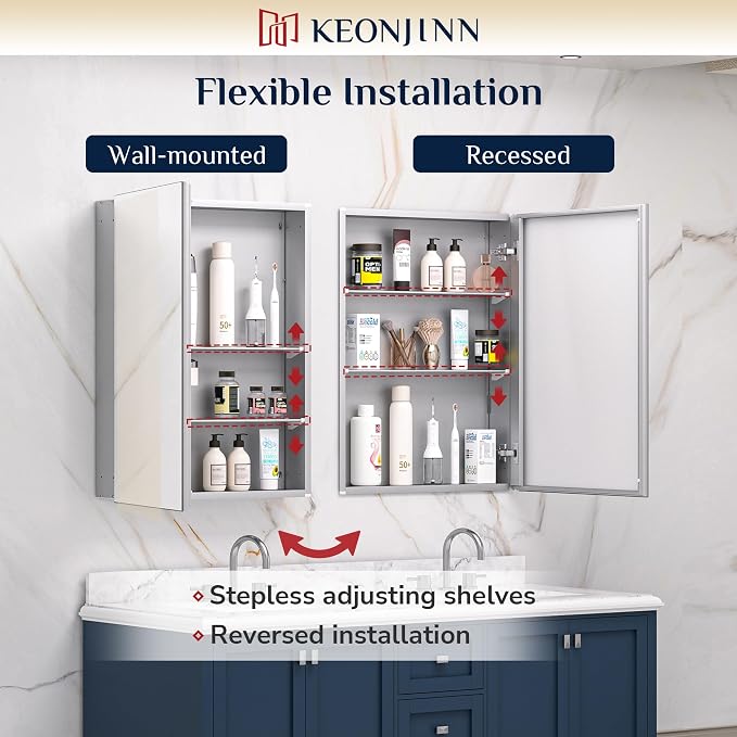 Keonjinn 48 x 26 Inch Bathroom Medicine Cabinets Mirror, Adjustable Shelves | Assembly Required, Lightweight Aluminum Frame, Surface Mount or Recessed, HD Tempered Glass, Soft Closing DTC Hinges, Large
